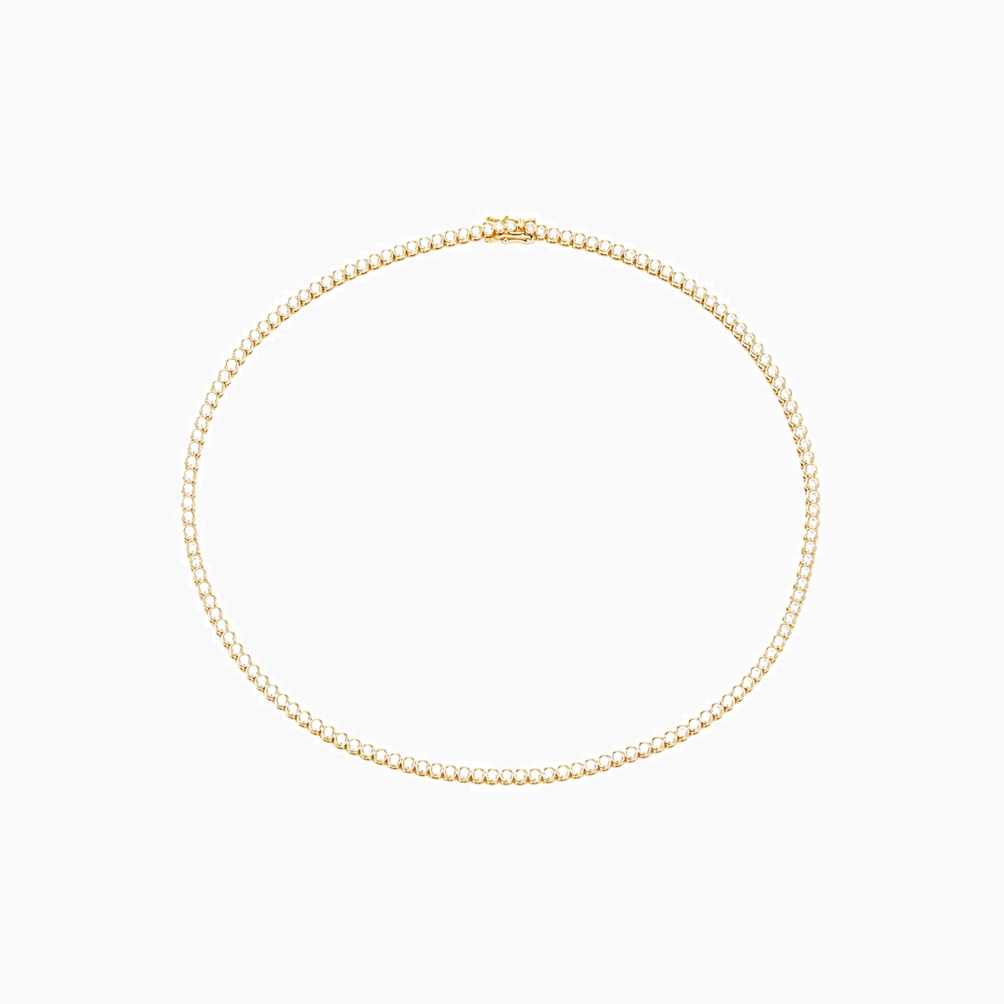 3 mm wide moissanite bezel tennis necklace in yellow gold vermeil, full product view.