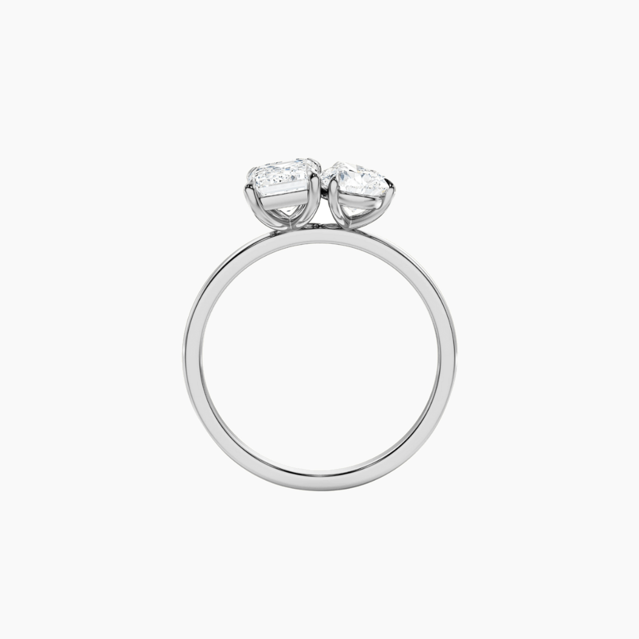 4 ct pear-cut and emerald-cut moissanite toi et moi ring in white gold vermeil, back view.