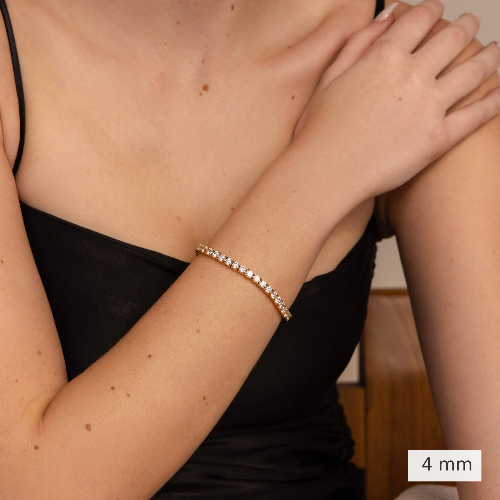 4 mm lab-grown diamond tennis bracelet worn on the wrist.
