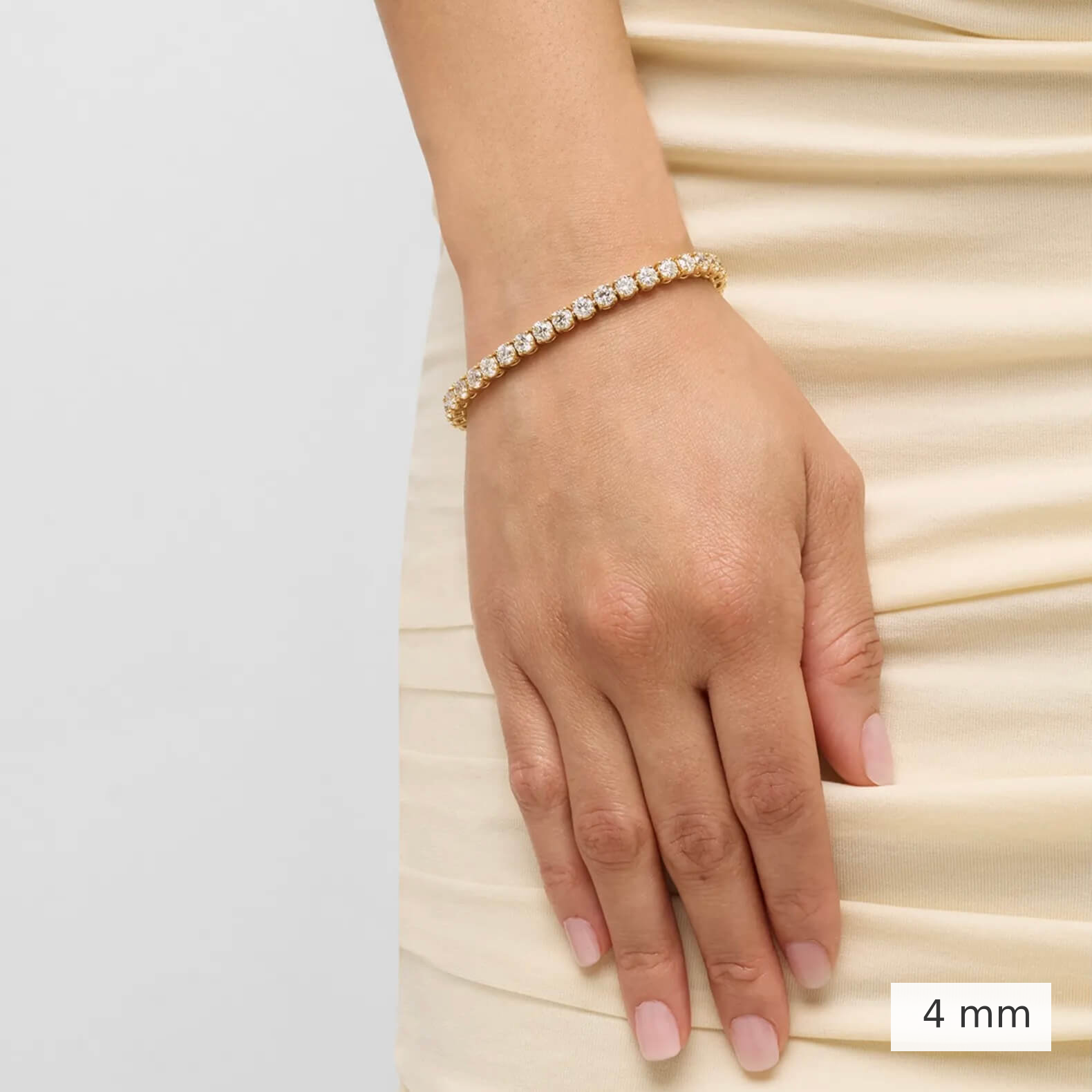 4 mm lab-grown diamond tennis bracelet worn on the wrist.