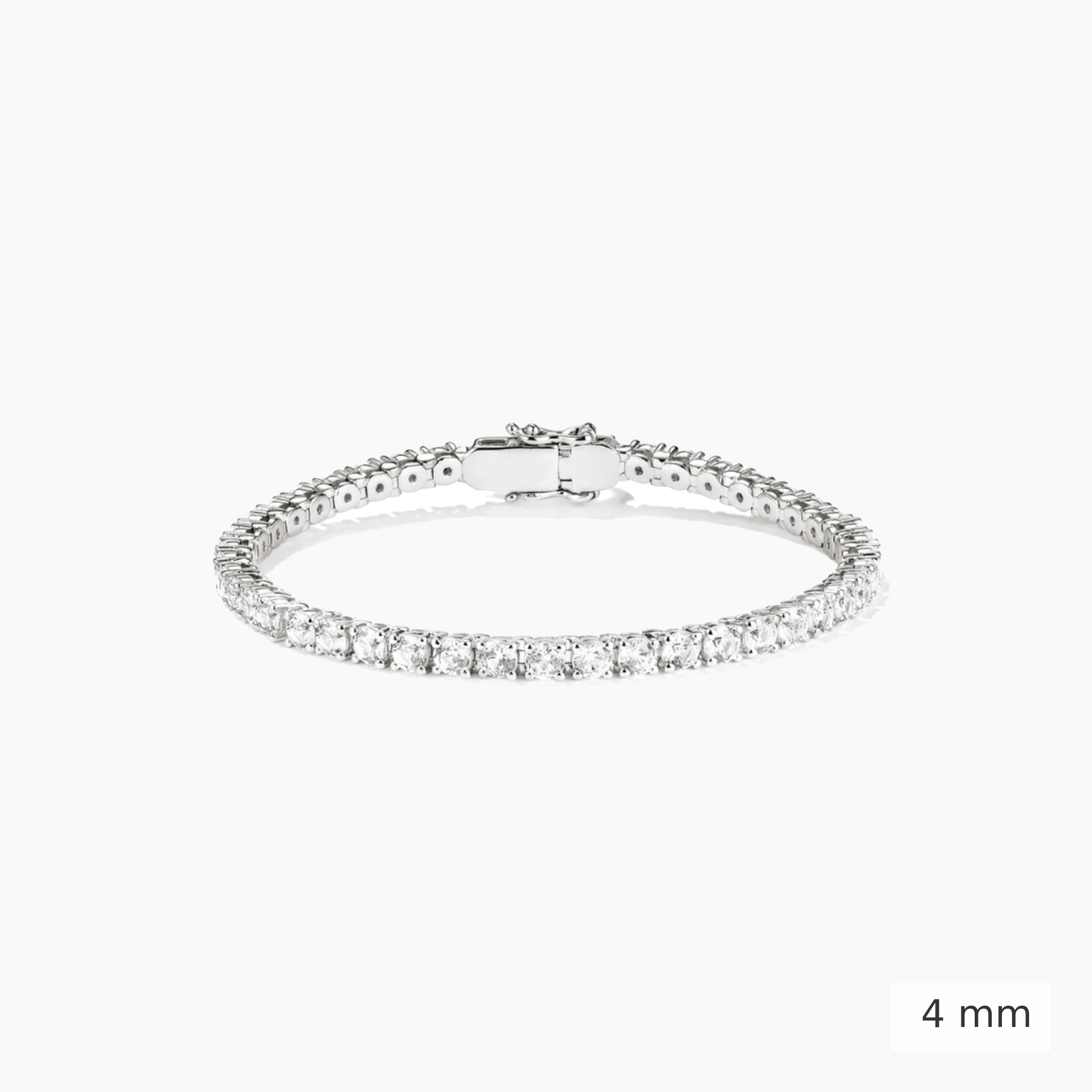 4 mm lab-grown diamond tennis bracelet in white gold, closed view.