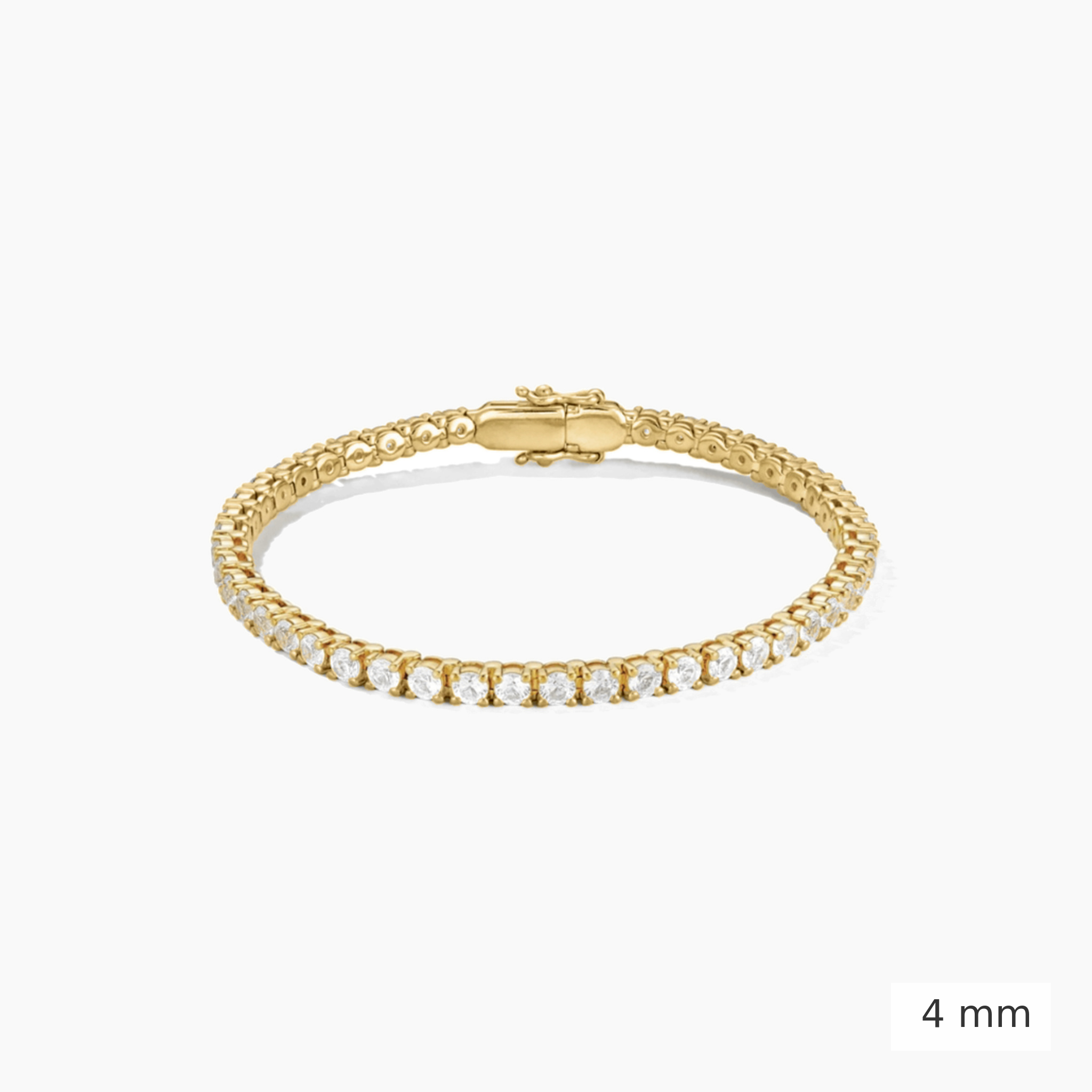 4 mm lab-grown diamond tennis bracelet in yellow gold, closed view.