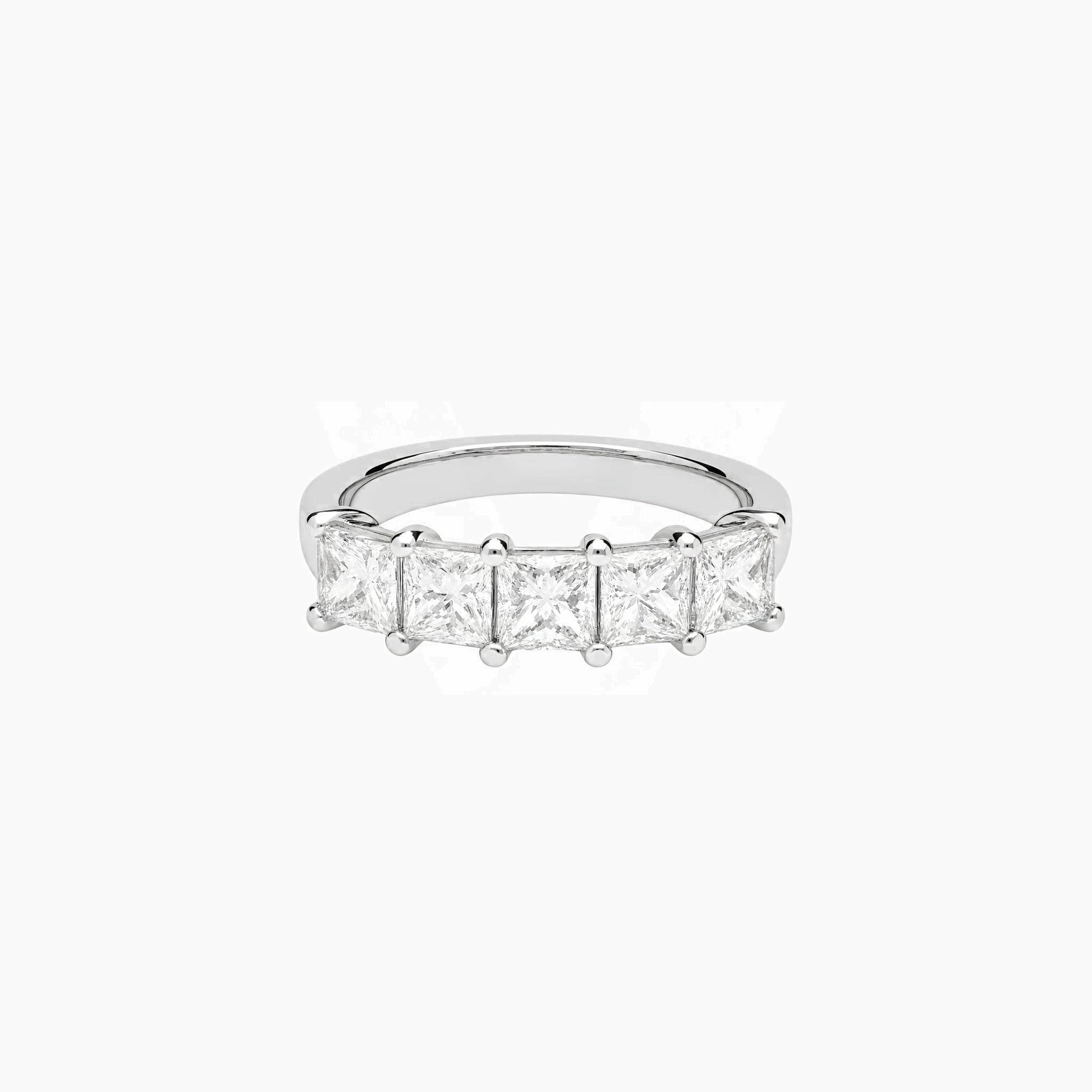 4 mm princess-cut moissanite half eternity ring in white gold vermeil, front view.