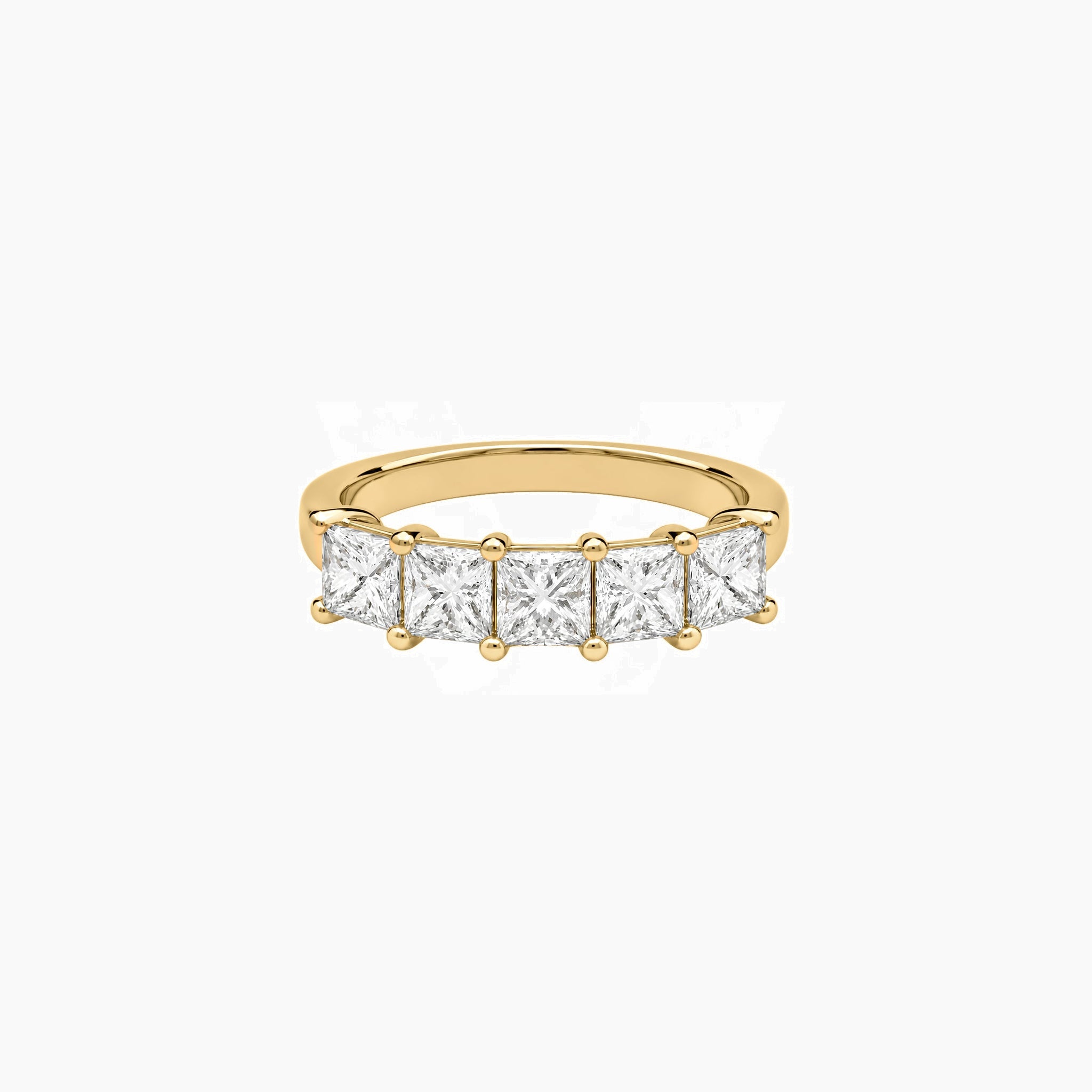 4 mm princess-cut moissanite half eternity ring in yellow gold vermeil, front view.