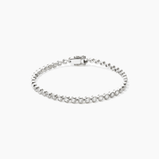 4 mm wide moissanite bezel tennis bracelet in white gold vermeil, closed view.