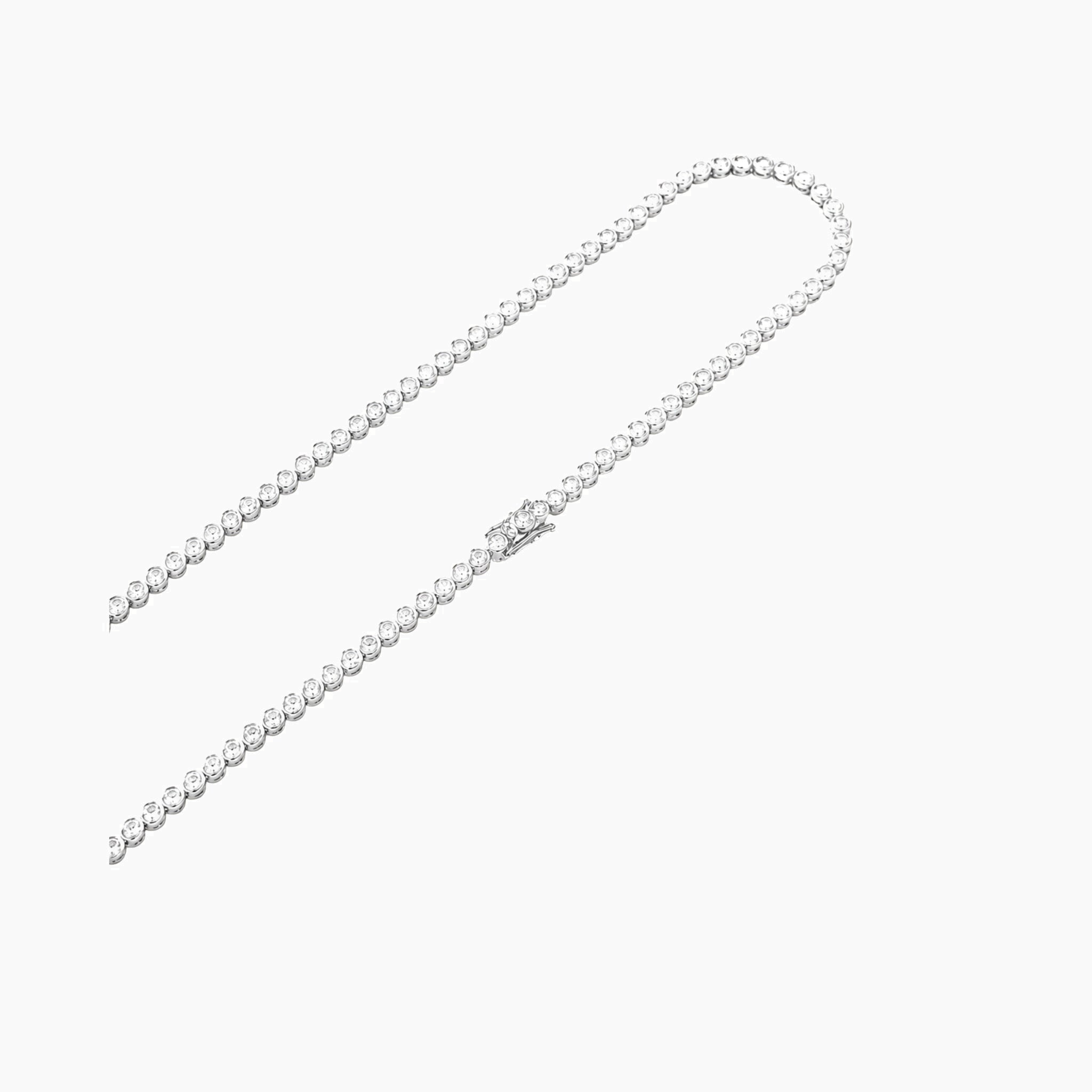 4 mm wide moissanite bezel tennis necklace in white gold vermeil, clasp detail.