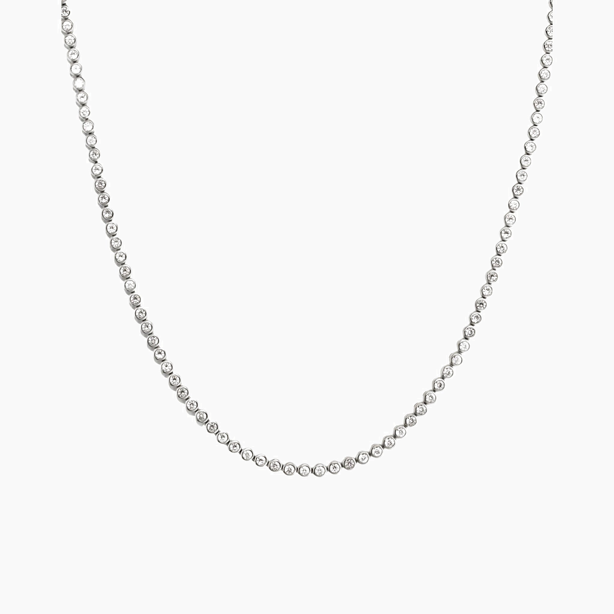 4 mm wide moissanite bezel tennis necklace in white gold vermeil, full product view.