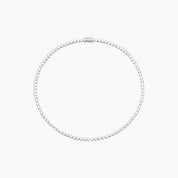 4 mm wide moissanite bezel tennis necklace in white gold vermeil, full product view.