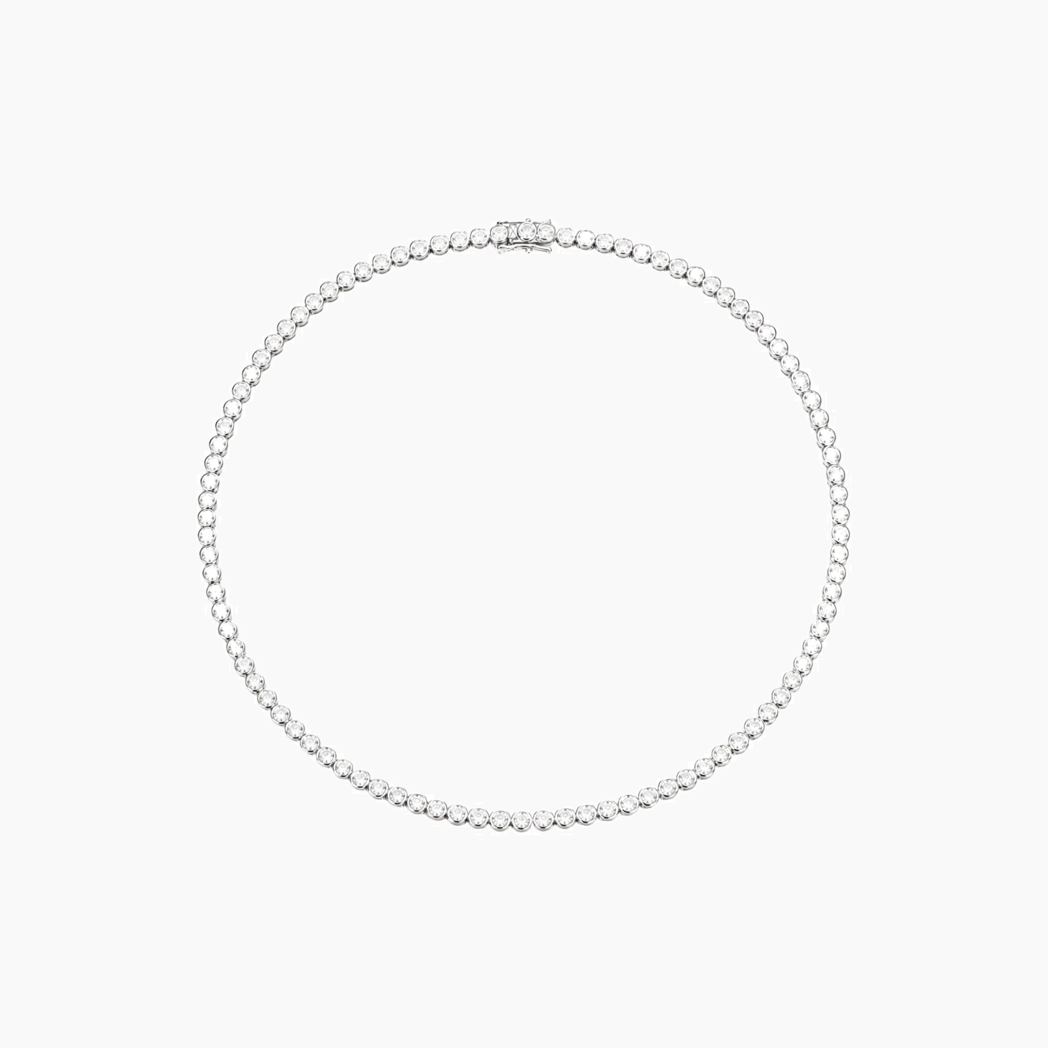 4 mm wide moissanite bezel tennis necklace in white gold vermeil, full product view.