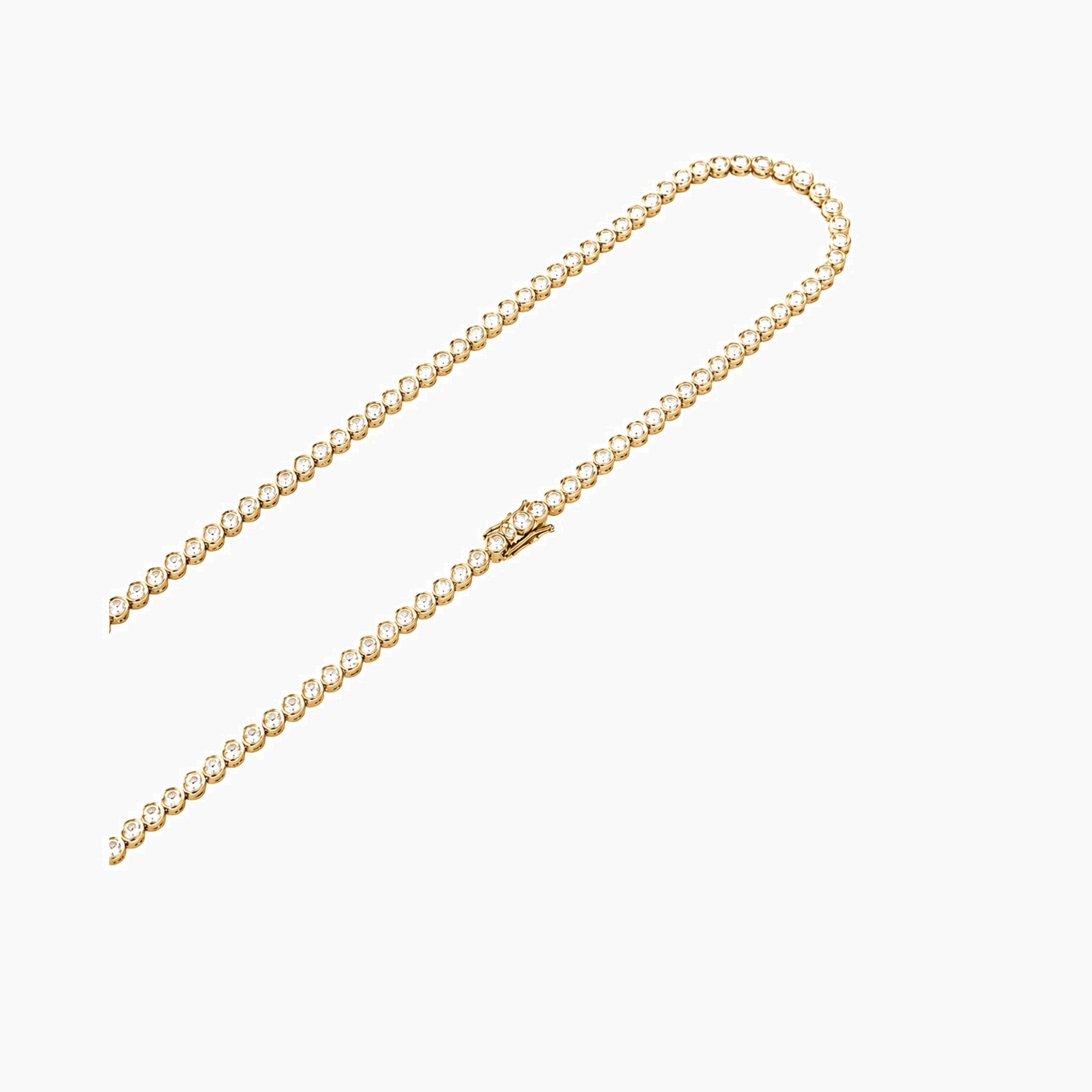 4 mm wide moissanite bezel tennis necklace in yellow gold vermeil, clasp detail.