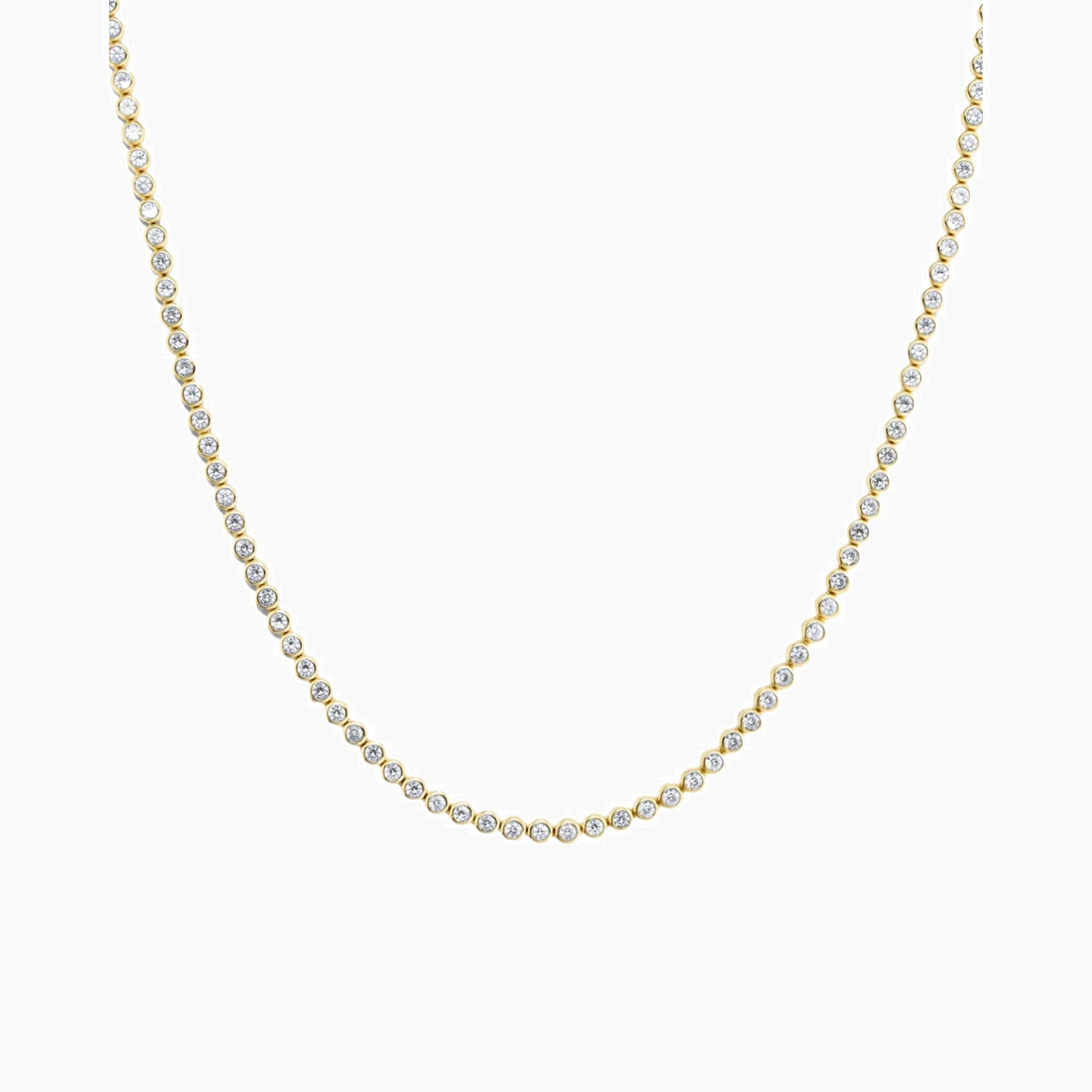 4 mm wide moissanite bezel tennis necklace in yellow gold vermeil, full product view.