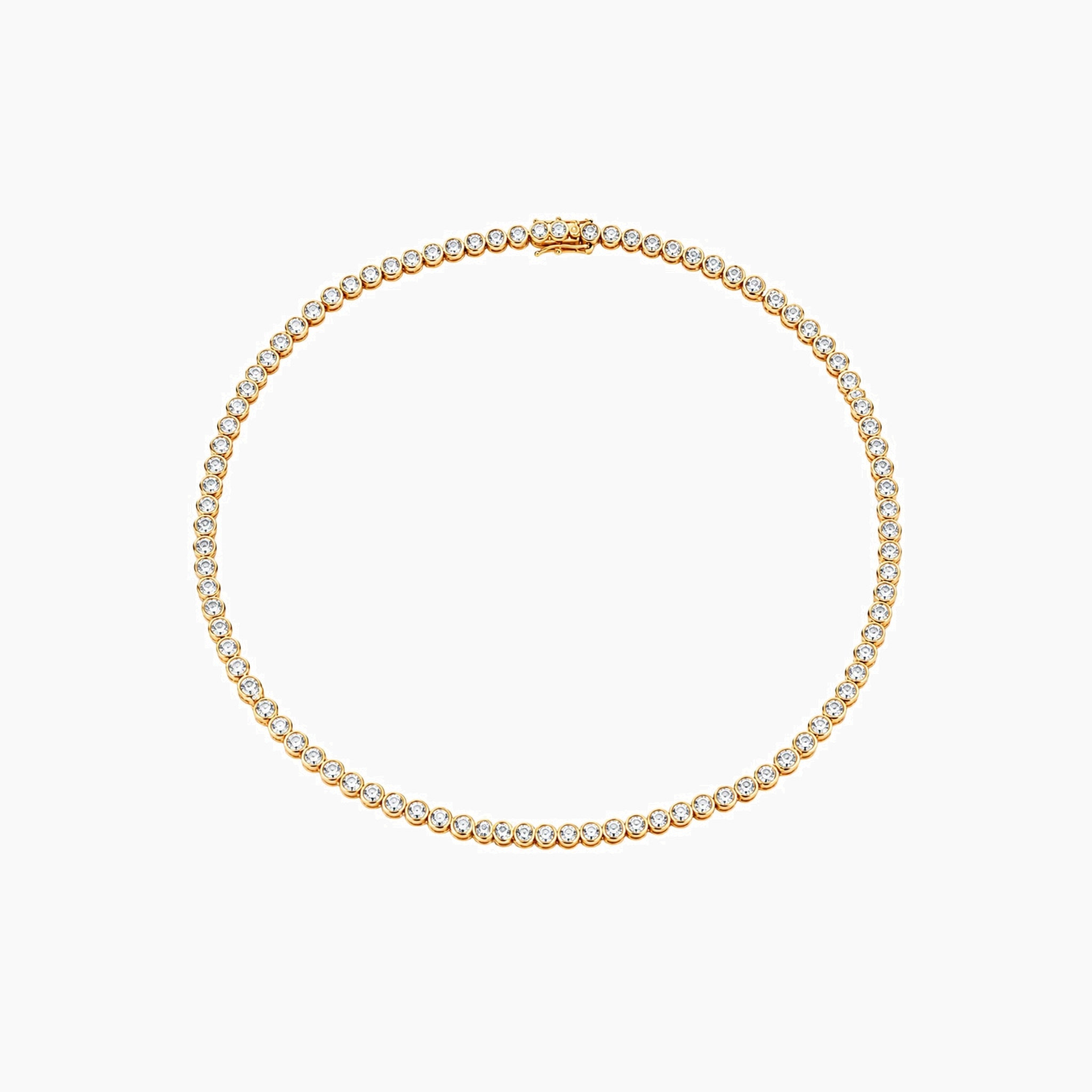 4 mm wide moissanite bezel tennis necklace in yellow gold vermeil, full product view.