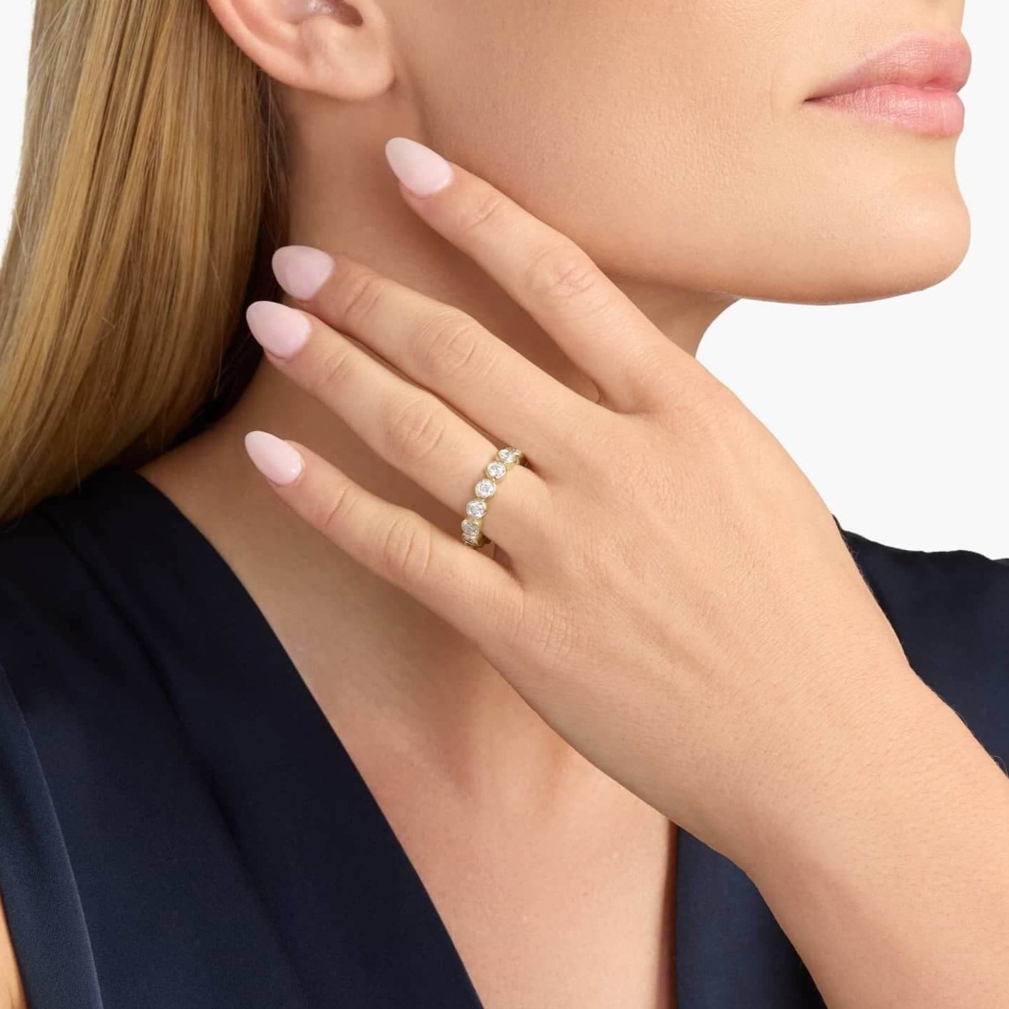 4 mm wide round-cut moissanite bezel eternity ring worn on a finger.