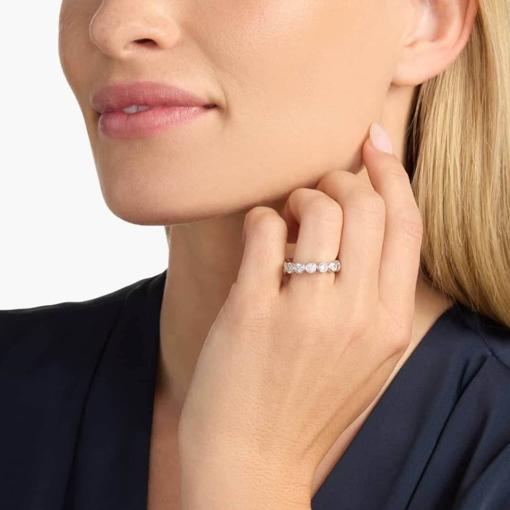 4 mm wide round-cut moissanite bezel eternity ring worn on a finger.