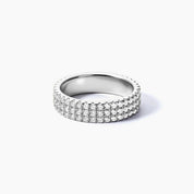 5 mm wide moissanite triple-row eternity ring in white gold vermeil, full product view.