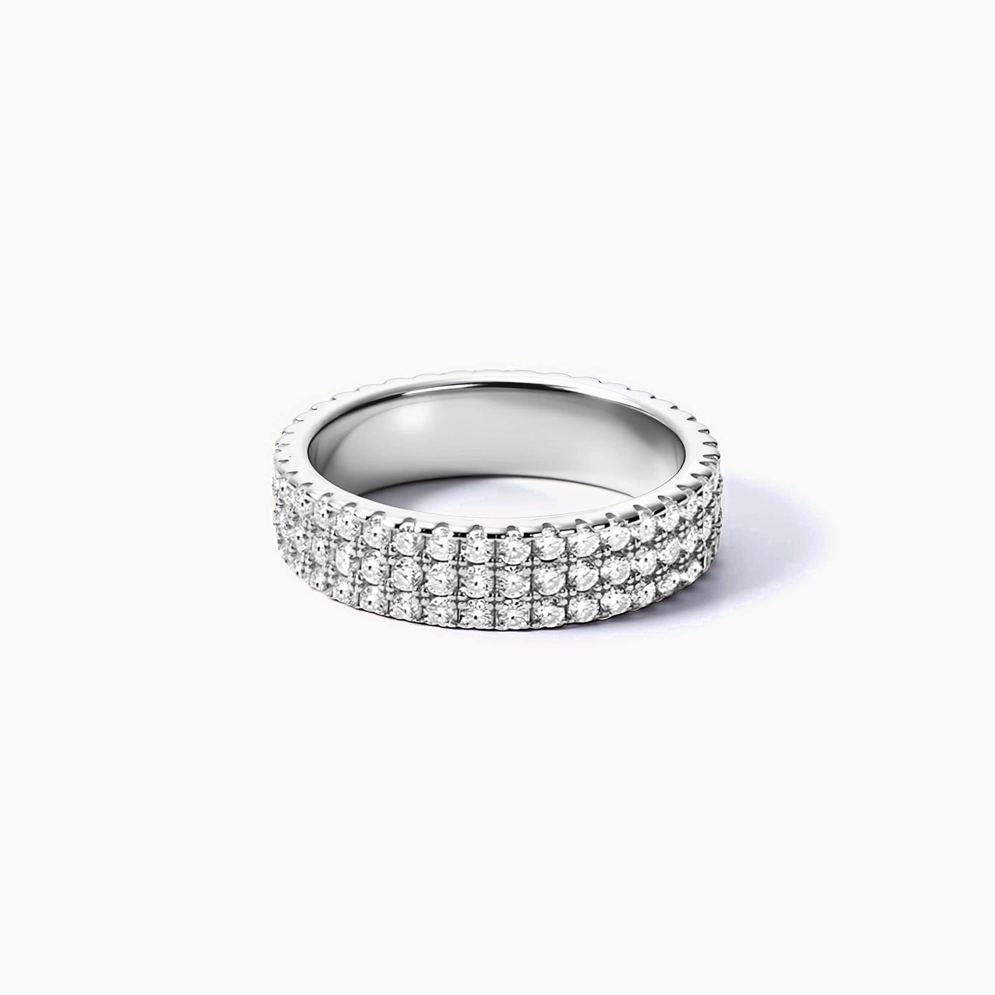 5 mm wide moissanite triple-row eternity ring in white gold vermeil, full product view.