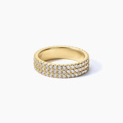 5 mm wide moissanite triple-row eternity ring in yellow gold vermeil, full product view.