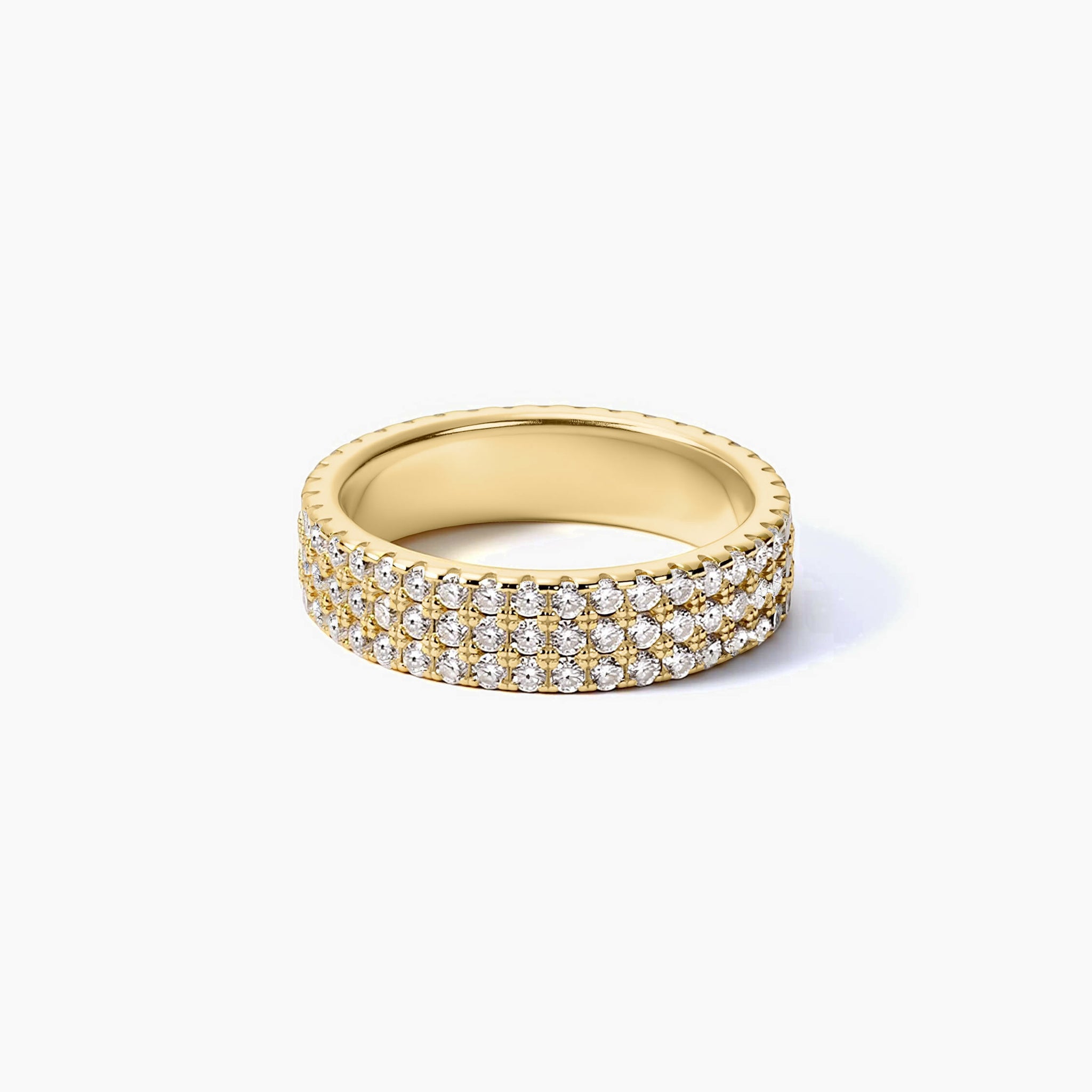 5 mm wide moissanite triple-row eternity ring in yellow gold vermeil, full product view.