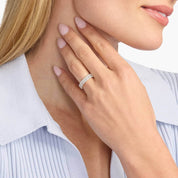 6 ct emerald-cut moissanite eternity ring worn on a finger.
