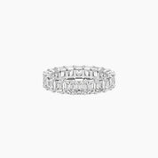 6 ct emerald-cut moissanite eternity ring in white gold vermeil, front view.