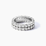 6 mm wide moissanite double-row eternity ring in white gold vermeil, full product view.