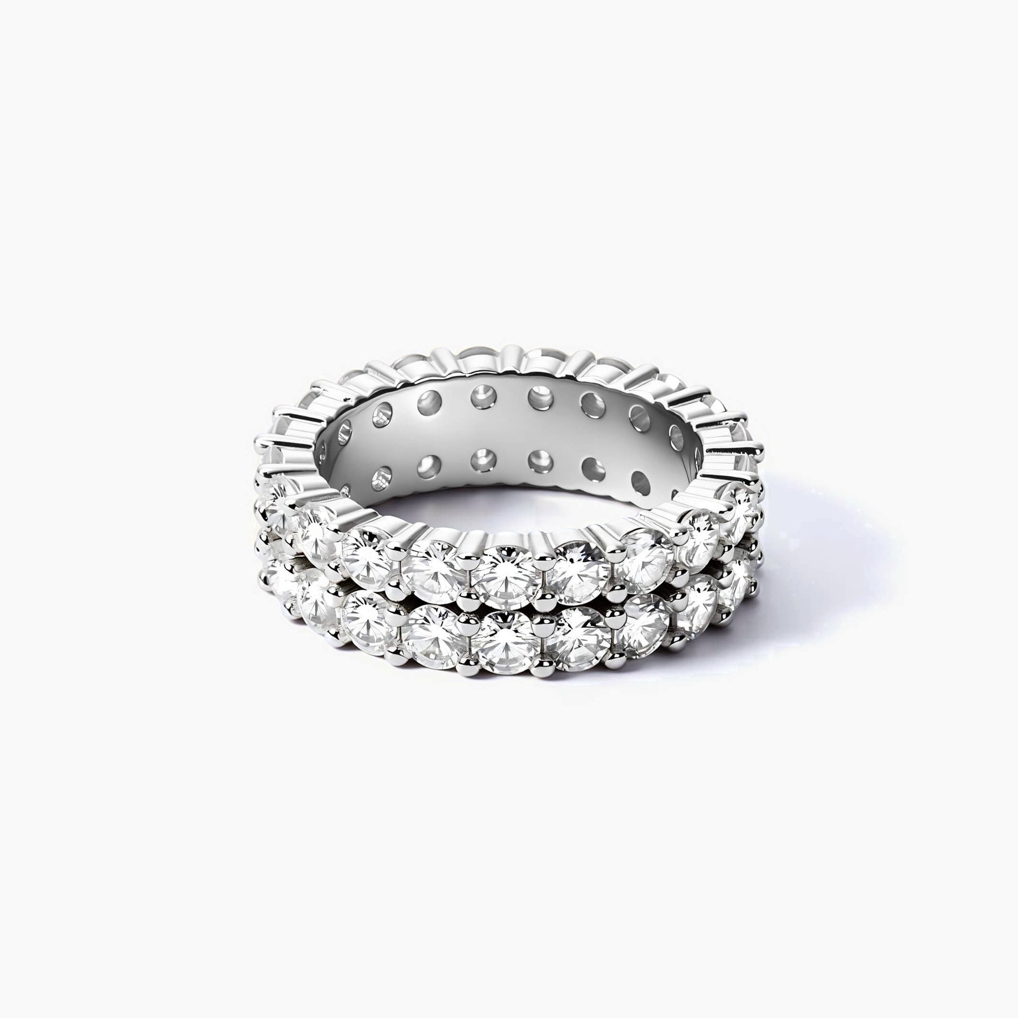 6 mm wide moissanite double-row eternity ring in white gold vermeil, full product view.