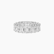 9 ct emerald-cut moissanite eternity ring in white gold vermeil, front view.