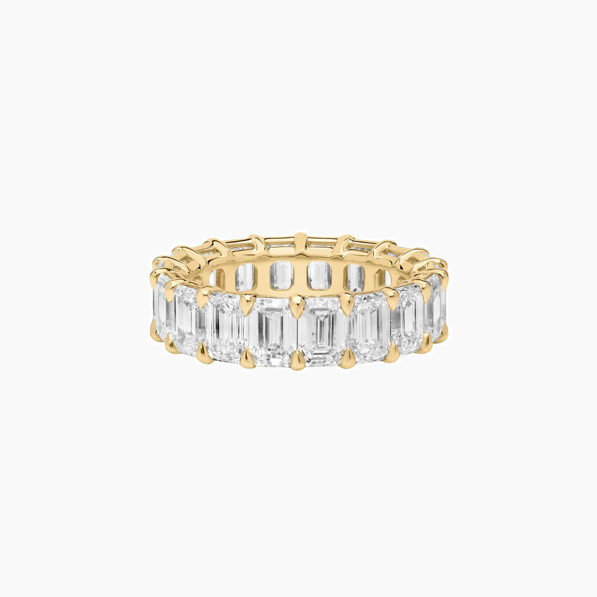 9 ct emerald-cut moissanite eternity ring in yellow gold vermeil, front view.