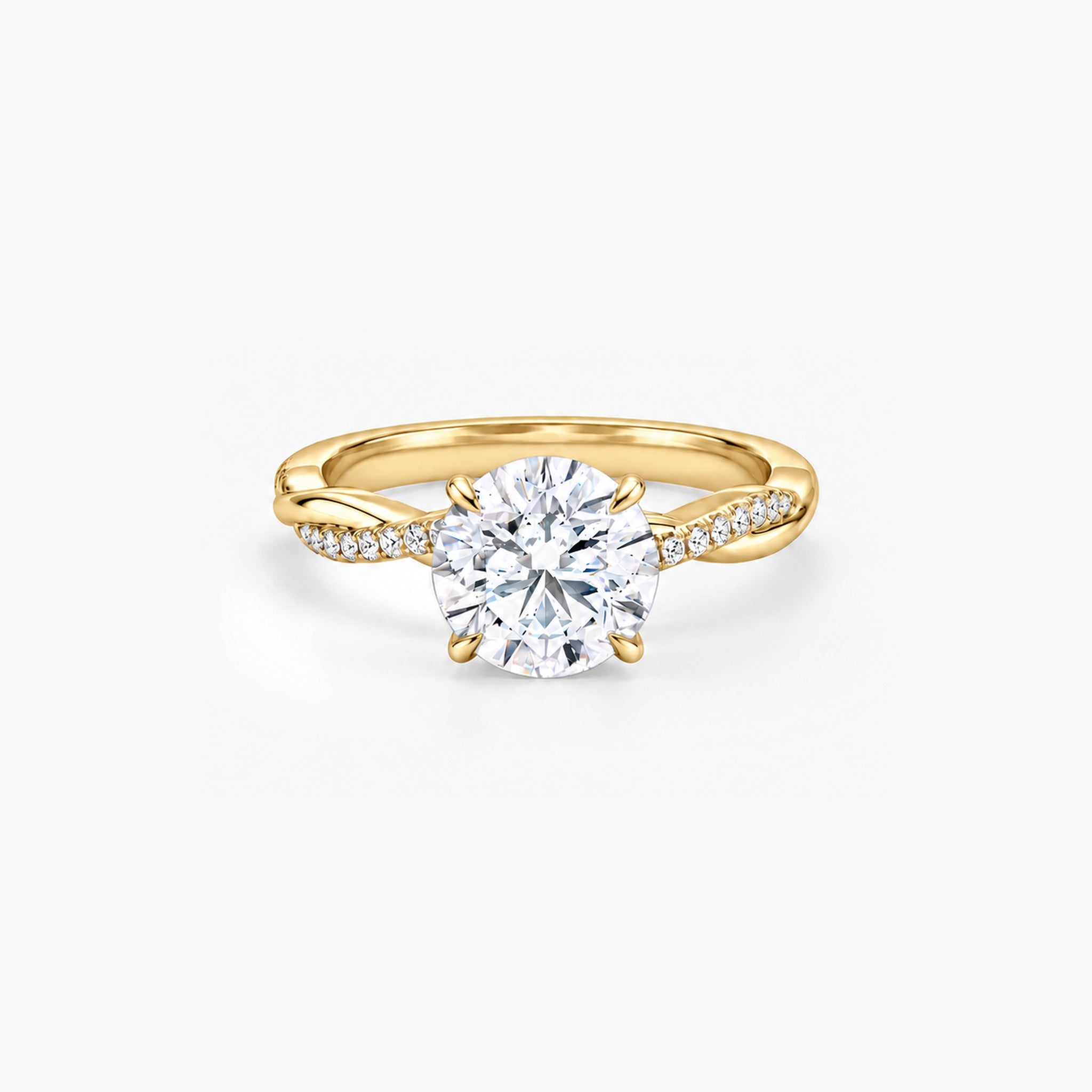 2 ct Round-cut moissanite twisted pavé ring in 18k yellow gold vermeil, front studio view