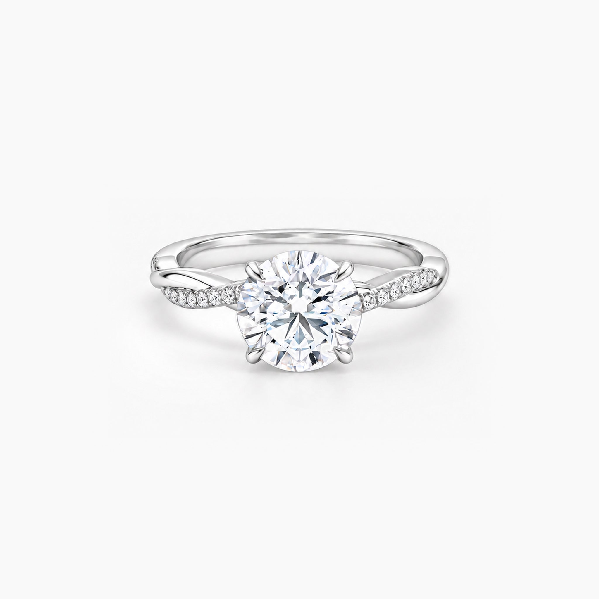 2 ct Round-cut moissanite twisted pavé ring in 18k white gold vermeil, front studio view