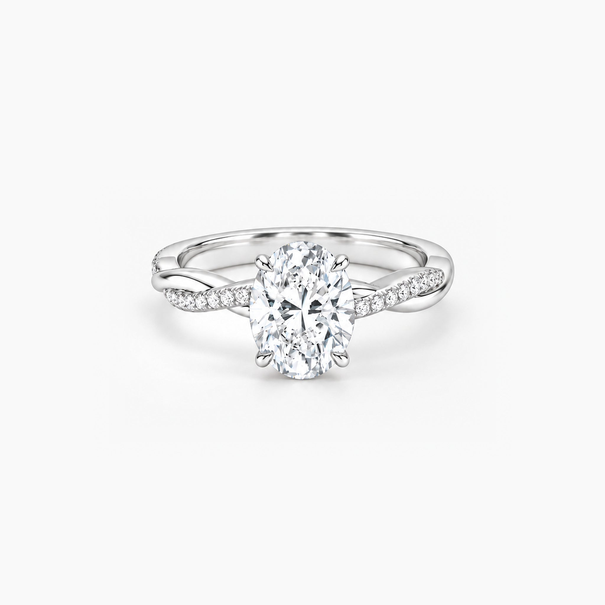2 ct Oval-cut moissanite twisted pavé ring in 18k white gold vermeil, front studio view
