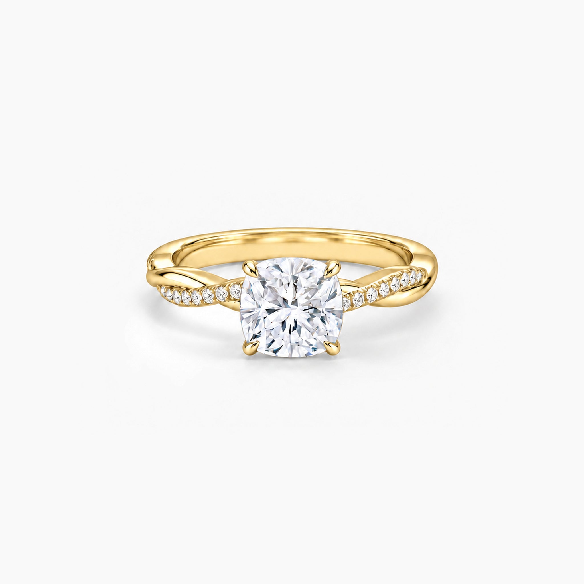 2 ct Cushion-cut moissanite twisted pavé ring in 18k yellow gold vermeil, front studio view