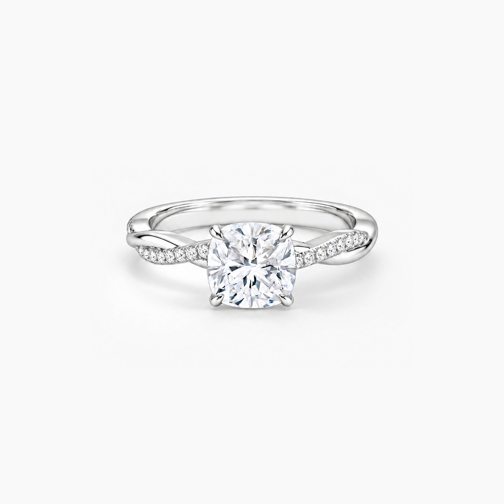 2 ct Cushion-cut moissanite twisted pavé ring in 18k white gold vermeil, front studio view
