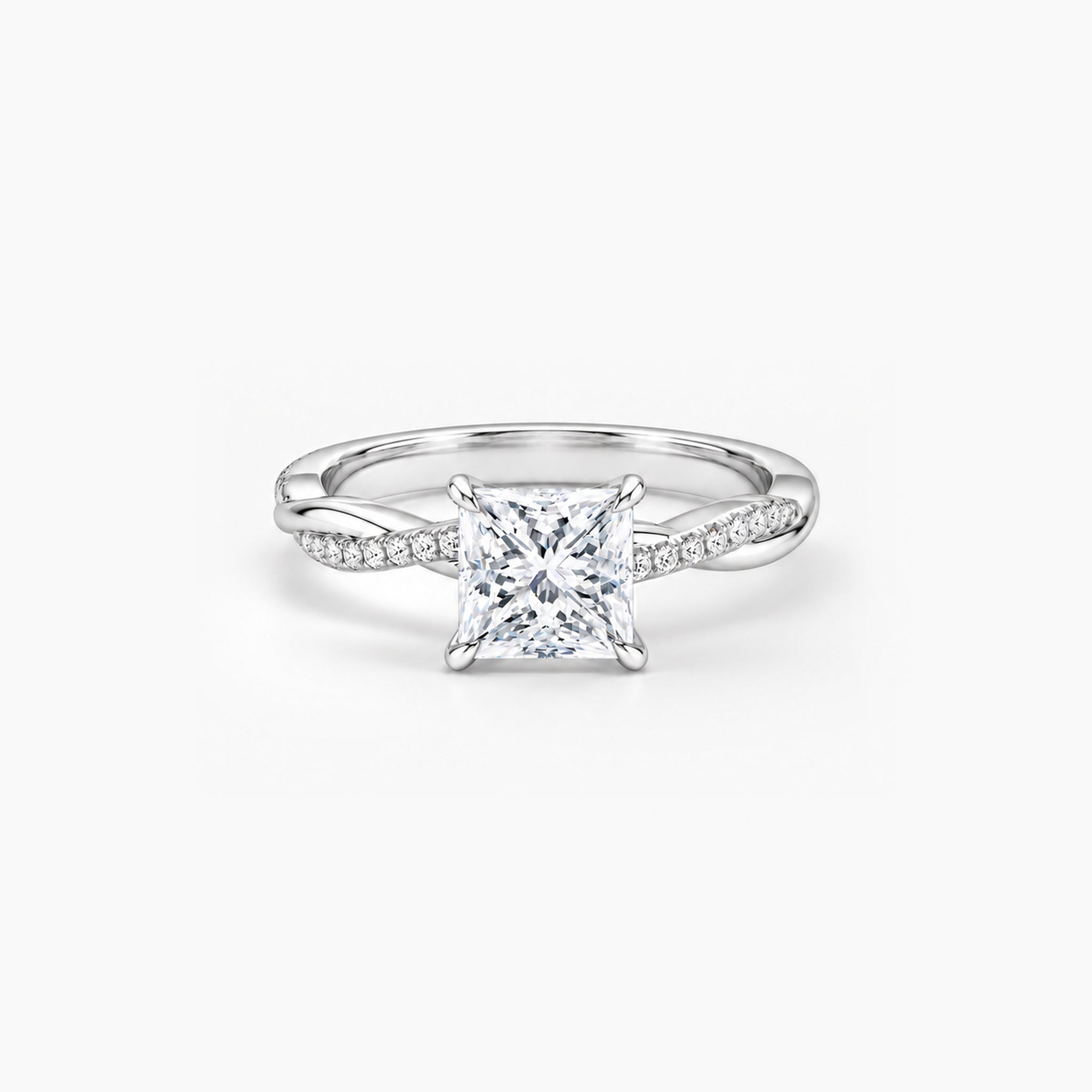 2 ct Princess-cut moissanite twisted pavé ring in 18k white gold vermeil, front studio view