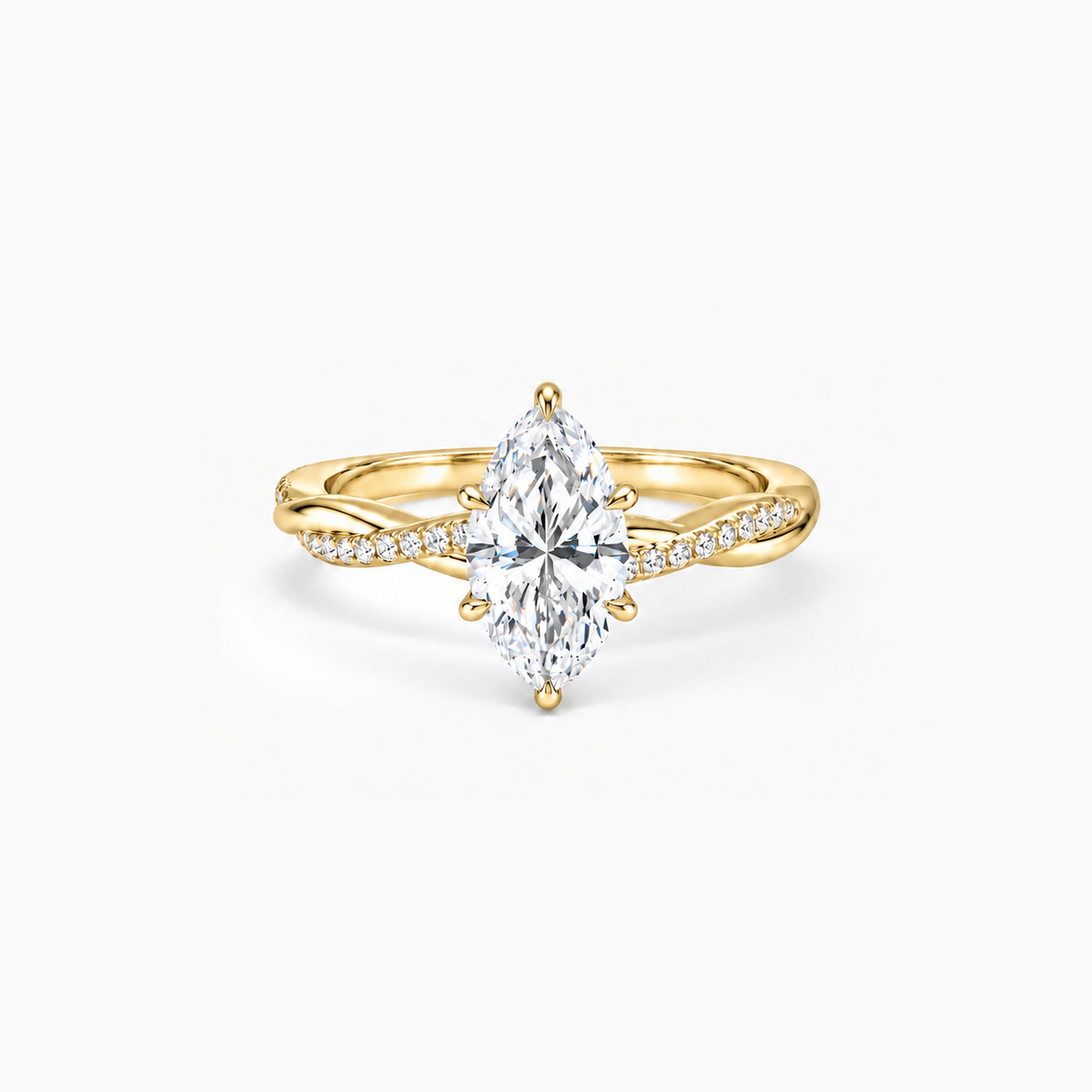 2 ct Marquise-cut moissanite twisted pavé ring in 18k yellow gold vermeil, front studio view