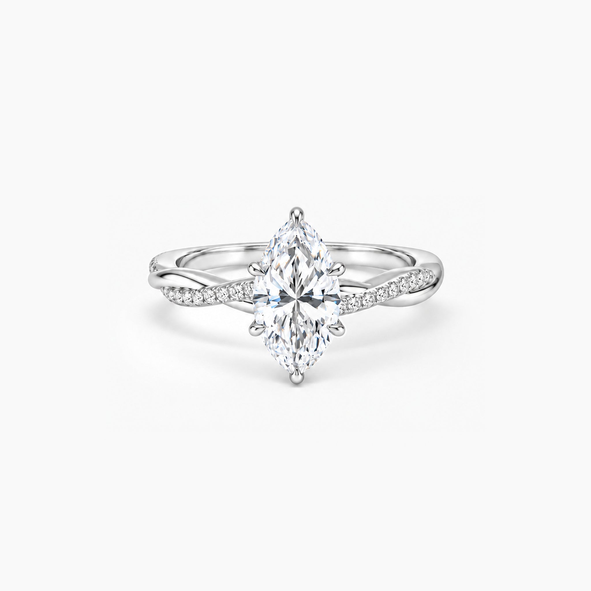 2 ct Marquise-cut moissanite twisted pavé ring in 18k white gold vermeil, front studio view