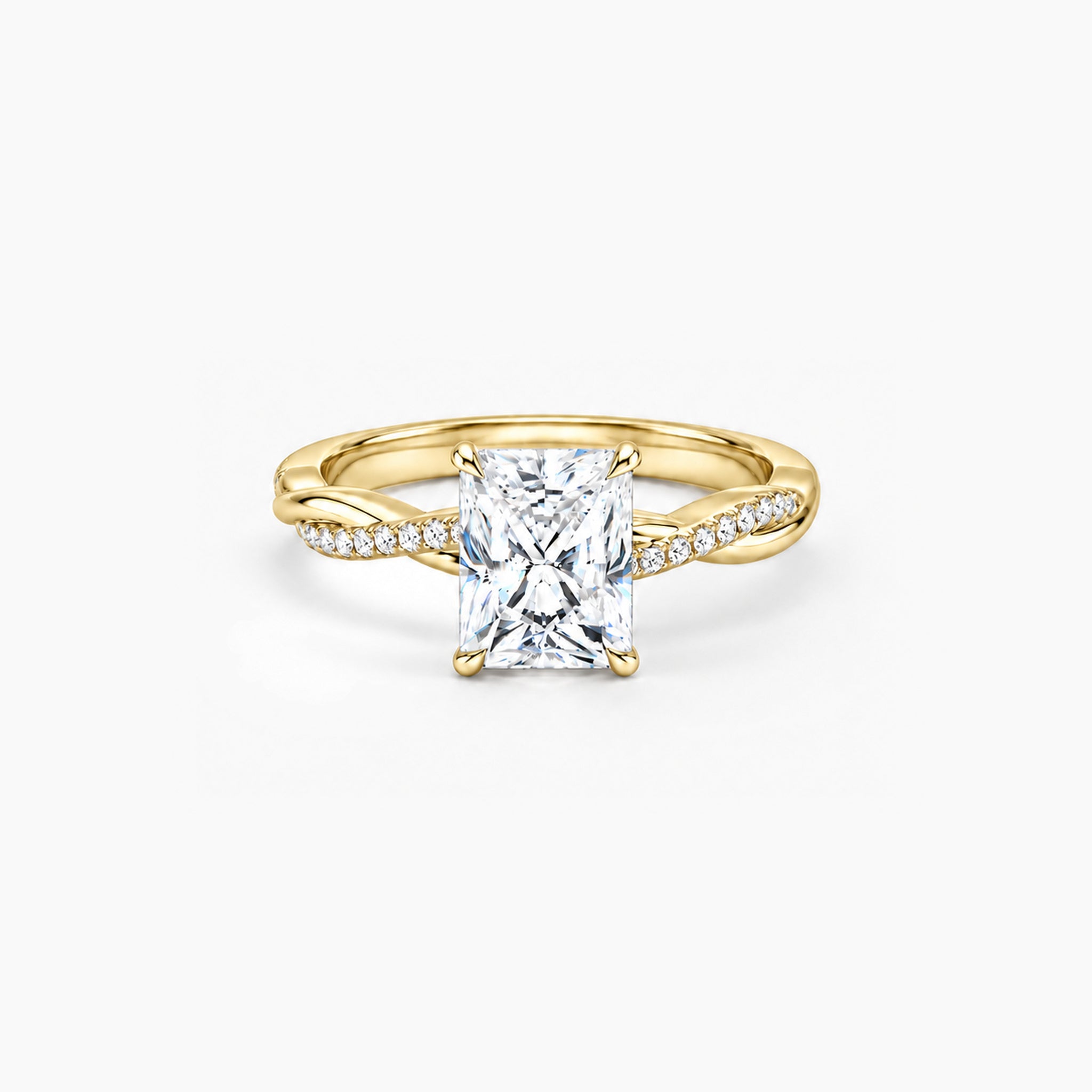 2 ct Radiant-cut moissanite twisted pavé ring in 18k yellow gold vermeil, front studio view