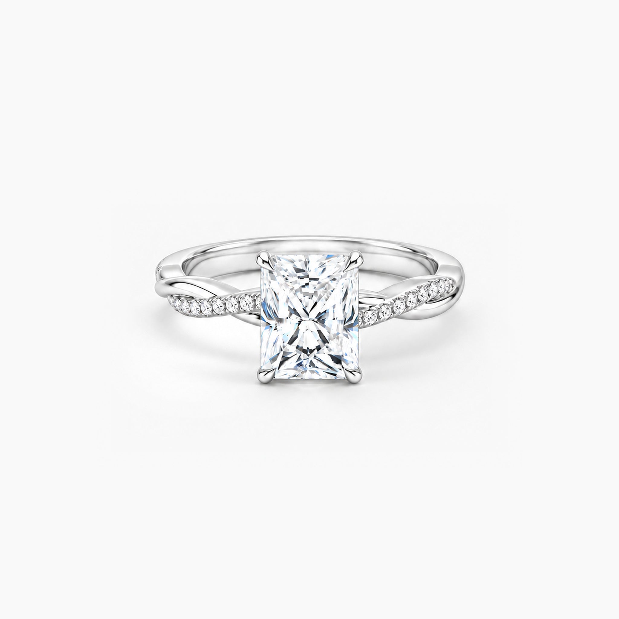 2 ct Radiant-cut moissanite twisted pavé ring in 18k white gold vermeil, front studio view