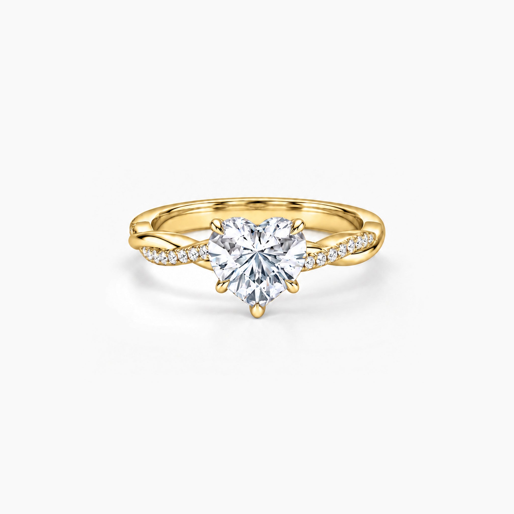 2 ct Heart-cut moissanite twisted pavé ring in 18k yellow gold vermeil, front studio view