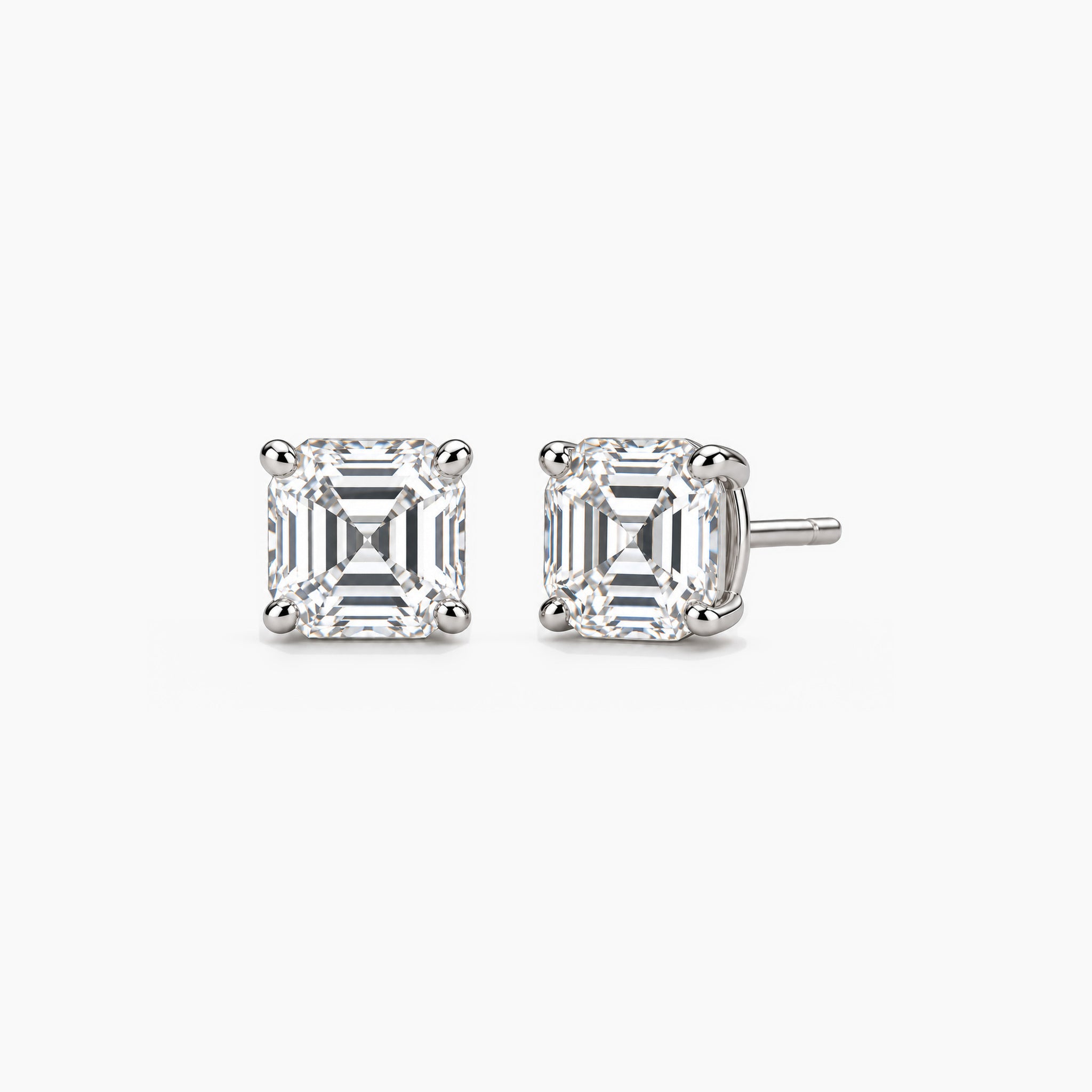 Asscher-cut lab-grown diamond stud earrings in 14k white gold, front and three-quarter views.