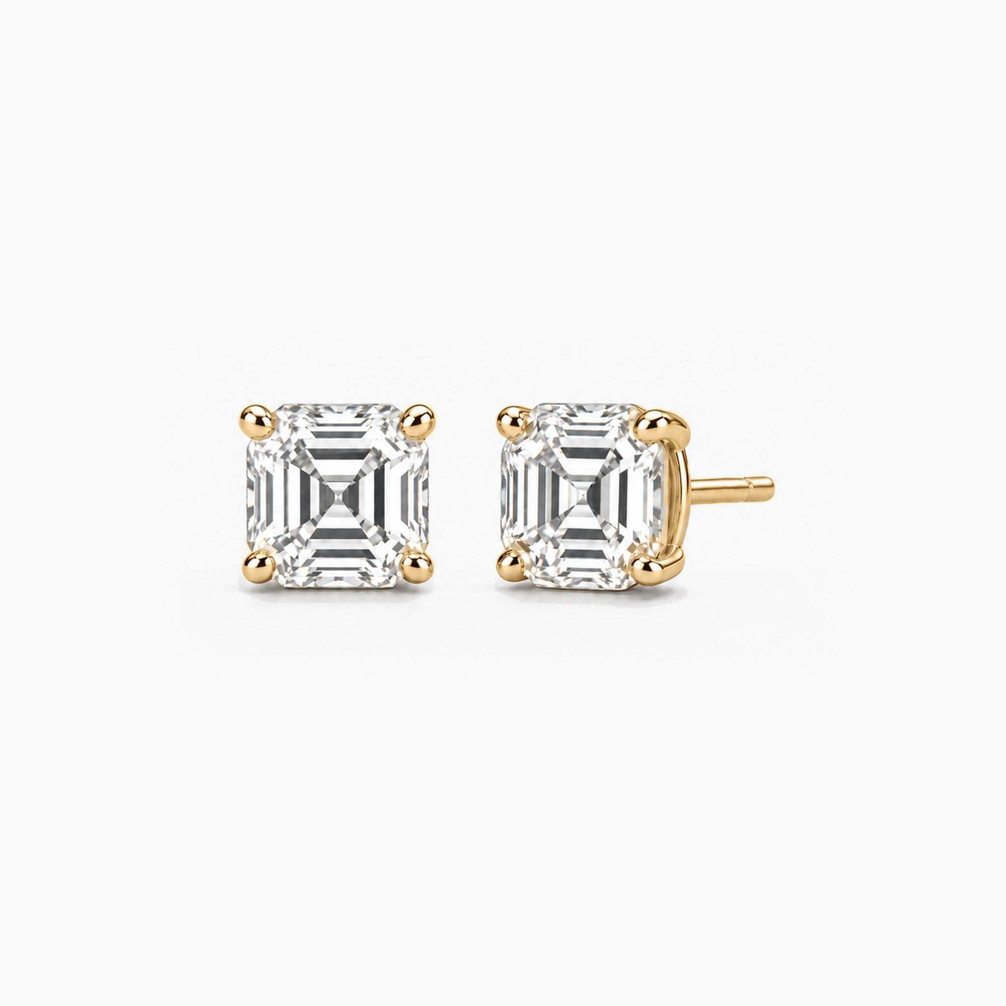 Asscher-cut lab-grown diamond stud earrings in 14k yellow gold, front and three-quarter views.