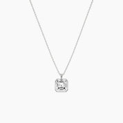 Asscher-cut moissanite bezel pendant necklace in white gold vermeil, full product view.