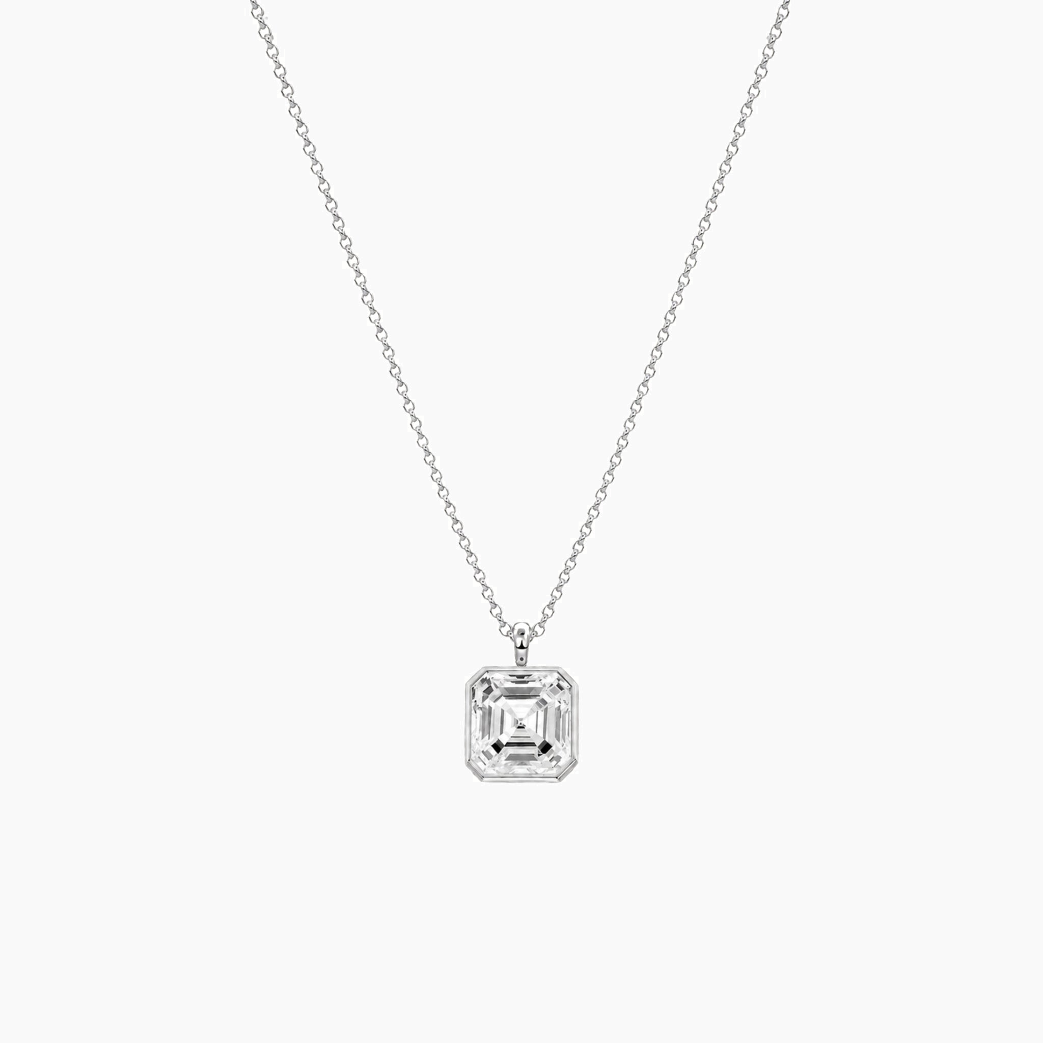 Asscher-cut moissanite bezel pendant necklace in white gold vermeil, full product view.