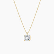 Asscher-cut moissanite bezel pendant necklace in yellow gold vermeil, full product view.