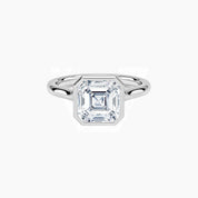 Asscher-cut moissanite bezel solitaire ring in white gold vermeil, front view.