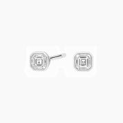 Asscher-cut moissanite bezel stud earrings in white gold vermeil, front and side views.