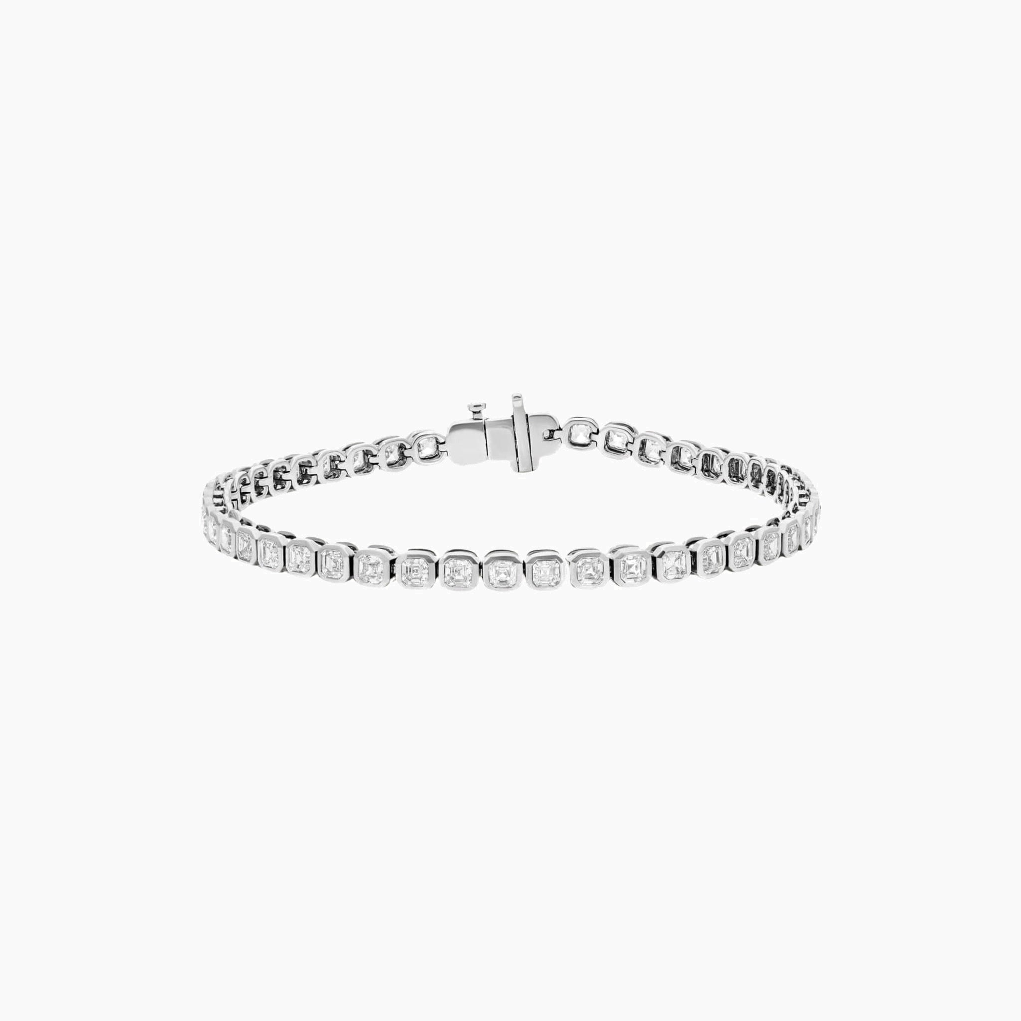 Asscher-cut moissanite bezel tennis bracelet in white gold vermeil, full product view.