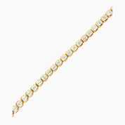 Asscher-cut moissanite bezel tennis bracelet in yellow gold vermeil, close-up detail.