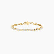 Asscher-cut moissanite bezel tennis bracelet in yellow gold vermeil, full product view.