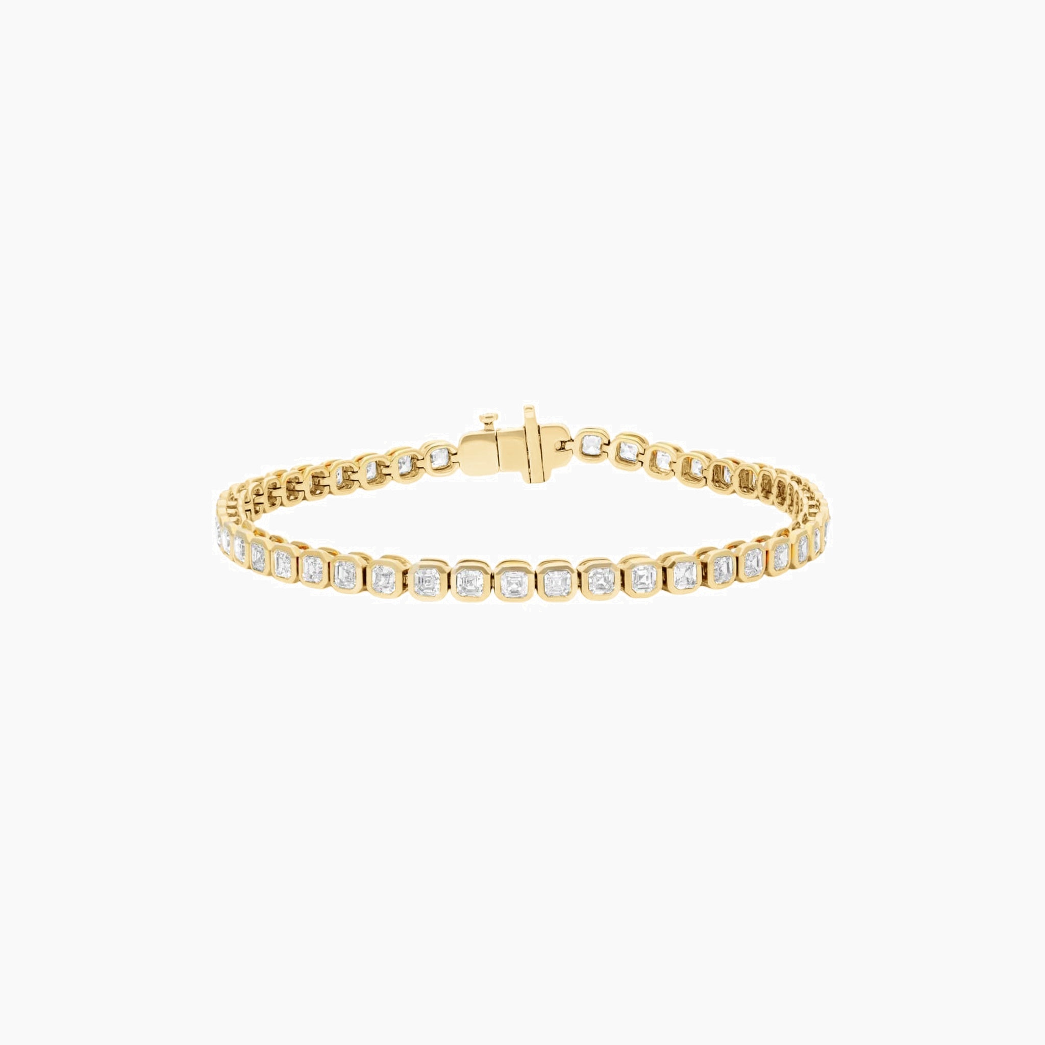 Asscher-cut moissanite bezel tennis bracelet in yellow gold vermeil, full product view.